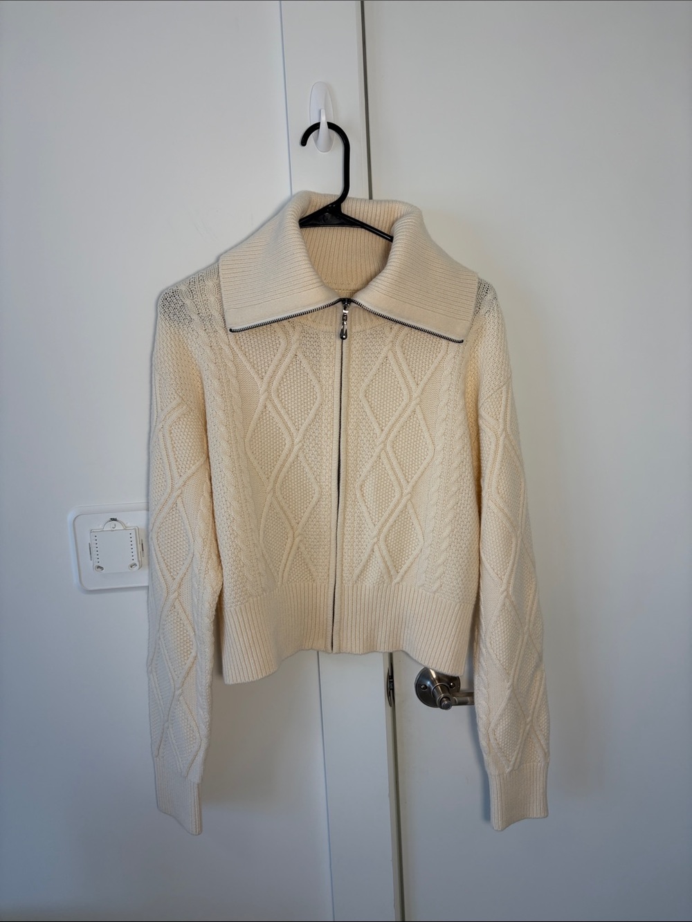 Cream Cable-Knit Zip Front Women's Sweater